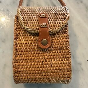 Anthropologie Natural Woven Basket Bag with Gingham Interior